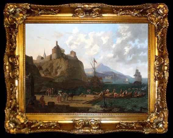 framed  Adriaen Coorte A  mediterranean harbour scene with numerous figures on a que beneath a fort, ta009-2